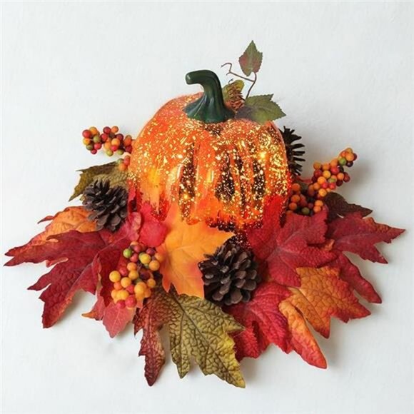 Lighted Pumpkin Fall Decor – LED Thanksgiving Decoration with Faux Maple - Picture 8 of 8